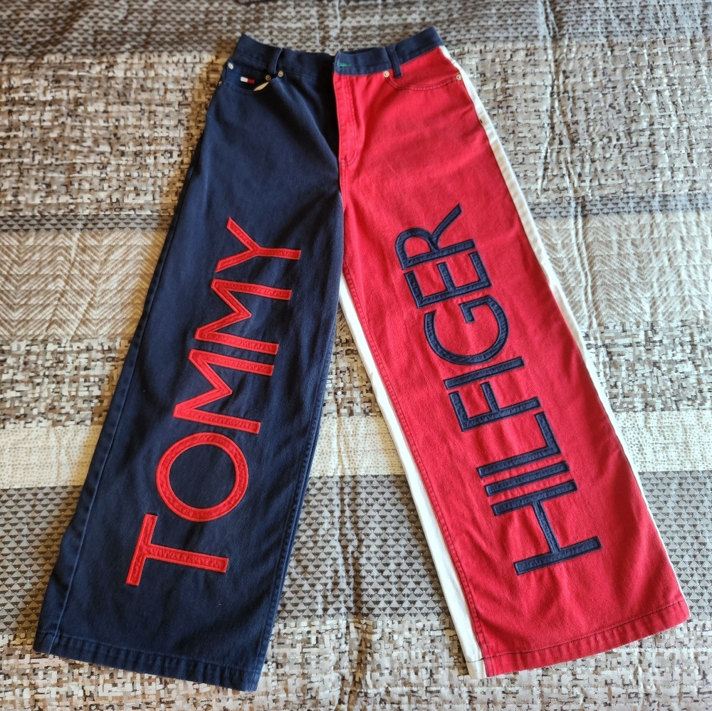 VINTAGE 1990S TOMMY HILFIGER WOMEN'S WIDE LEG JEANS PANTS RARE AALIYAH HIP HOP